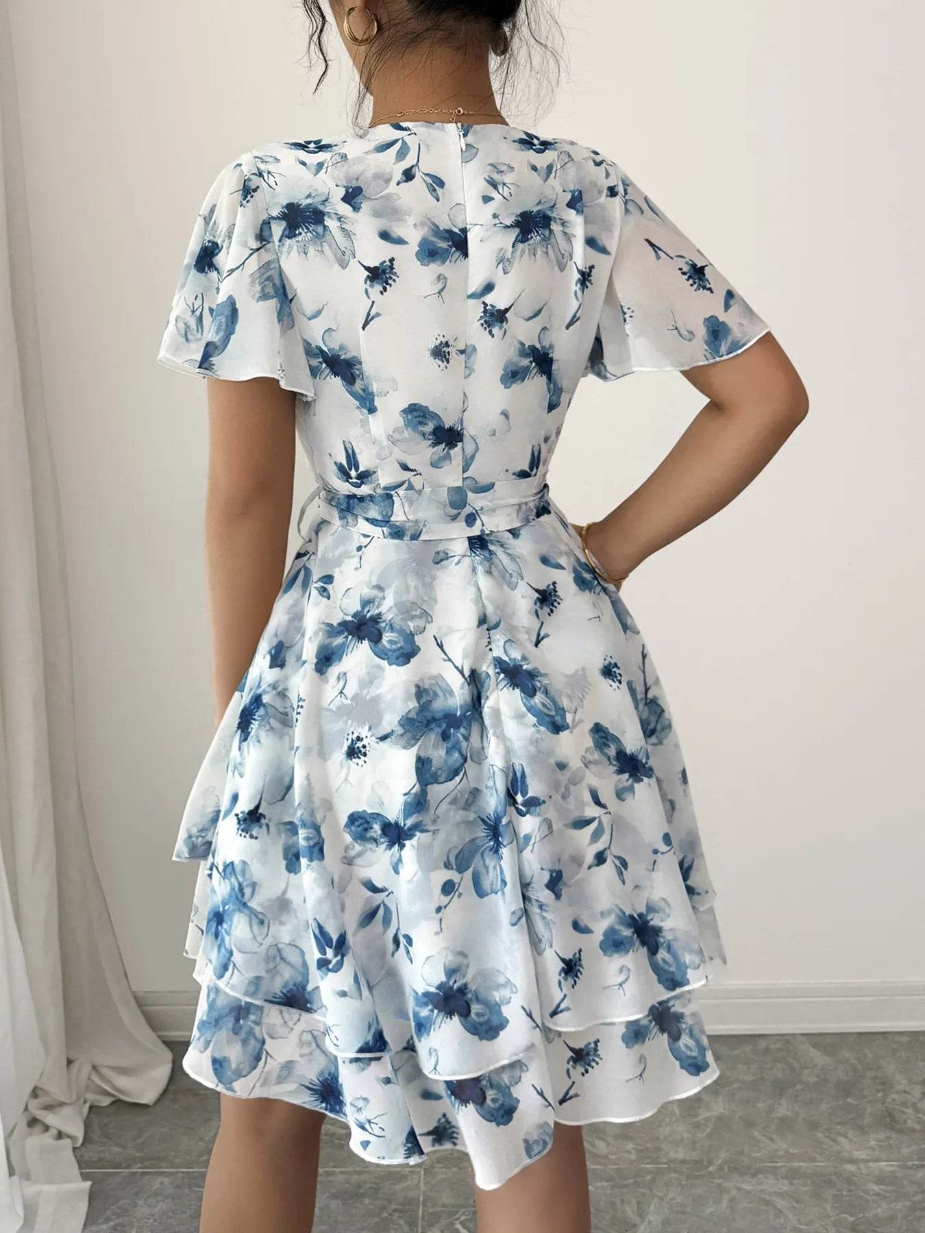 Floral Print Surplice Layered Mini Dress - MARIGOLD 