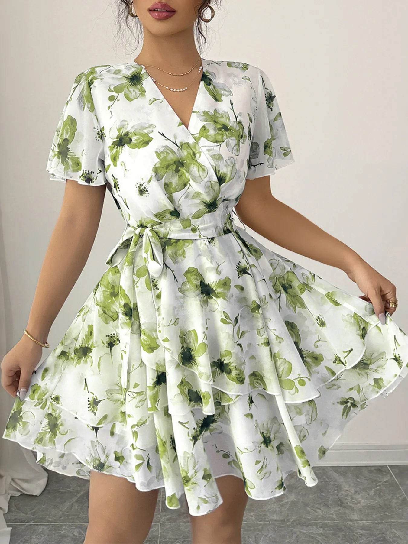 Floral Print Surplice Layered Mini Dress - MARIGOLD 