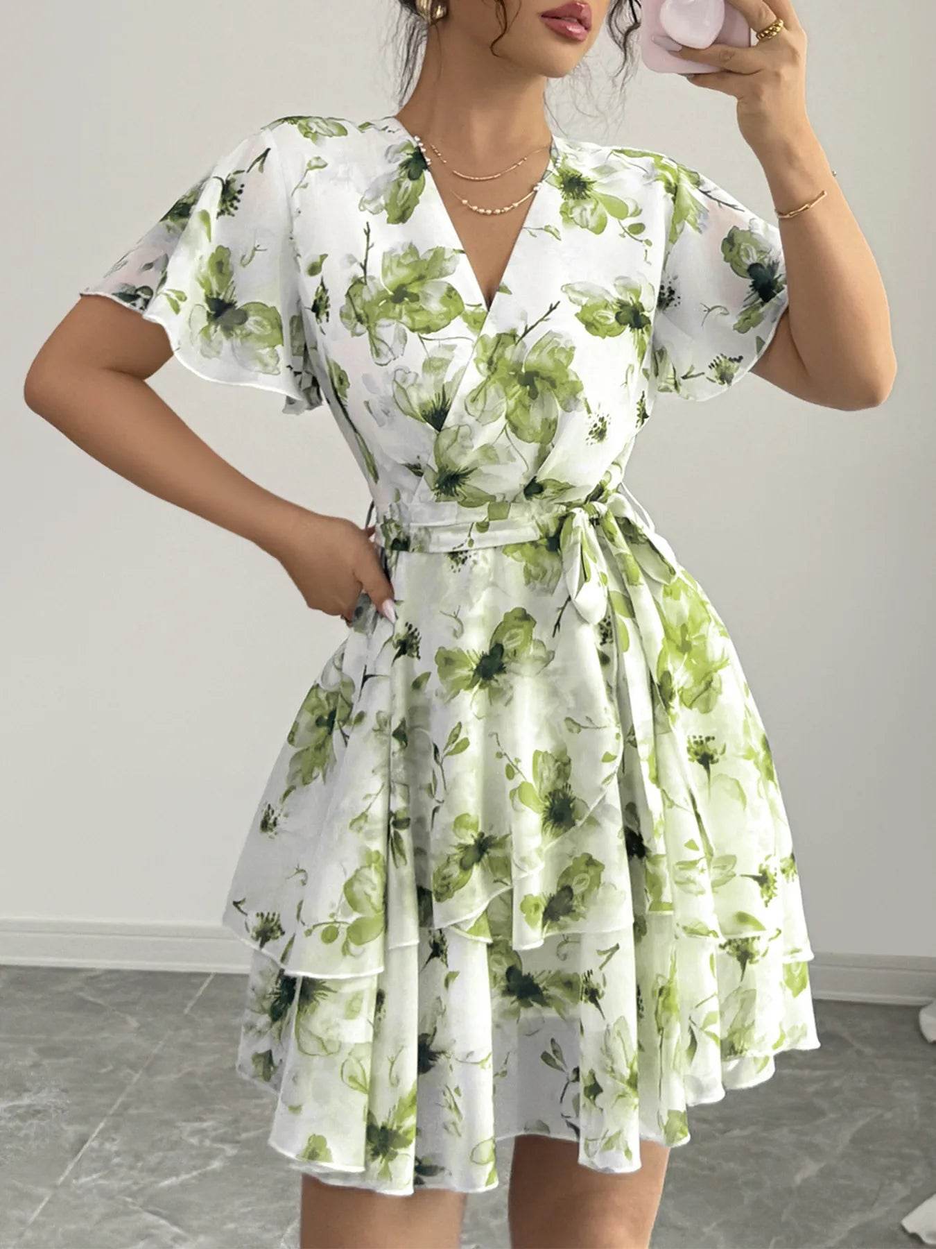Floral Print Surplice Layered Mini Dress - MARIGOLD 