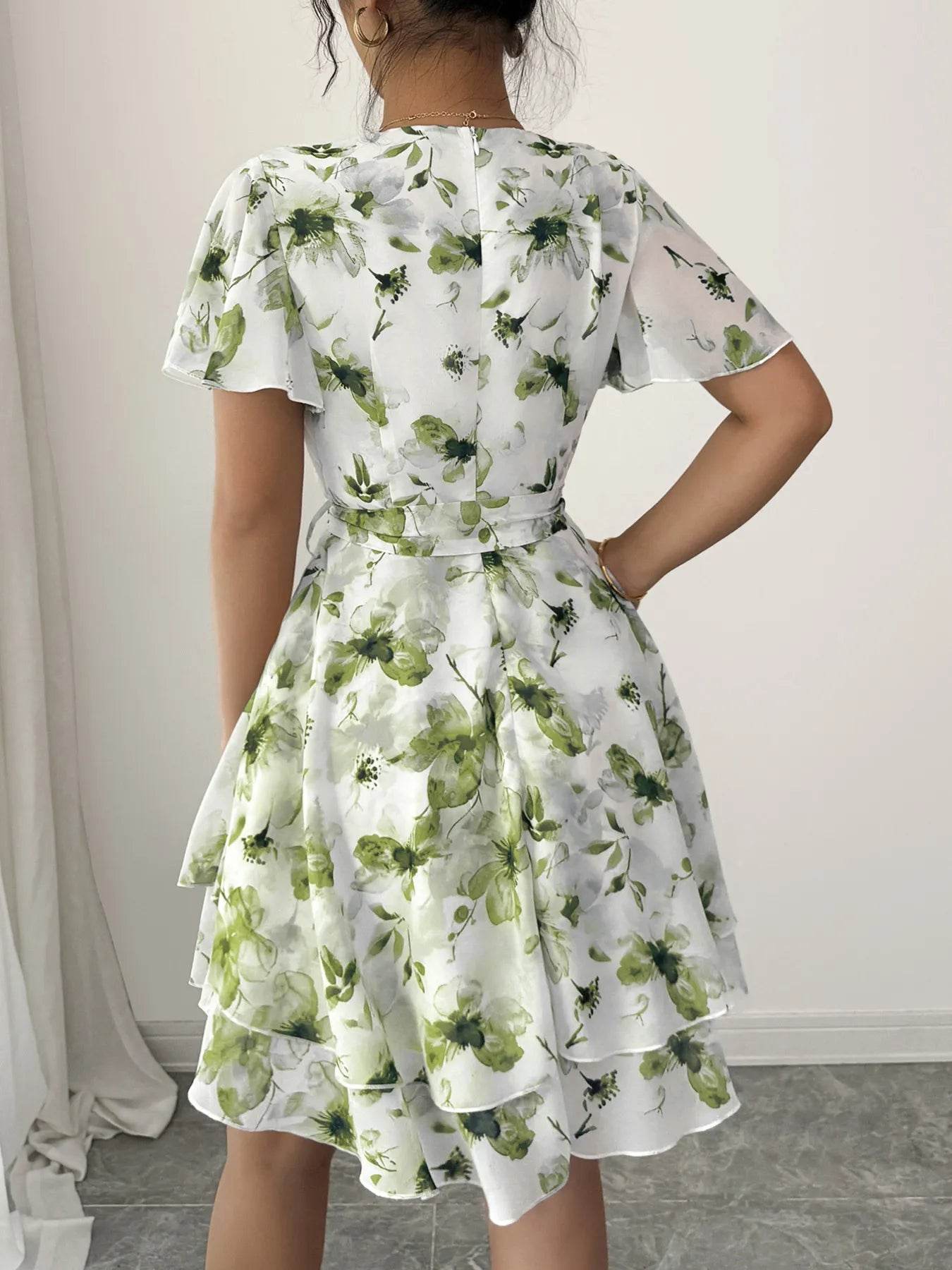 Floral Print Surplice Layered Mini Dress - MARIGOLD 