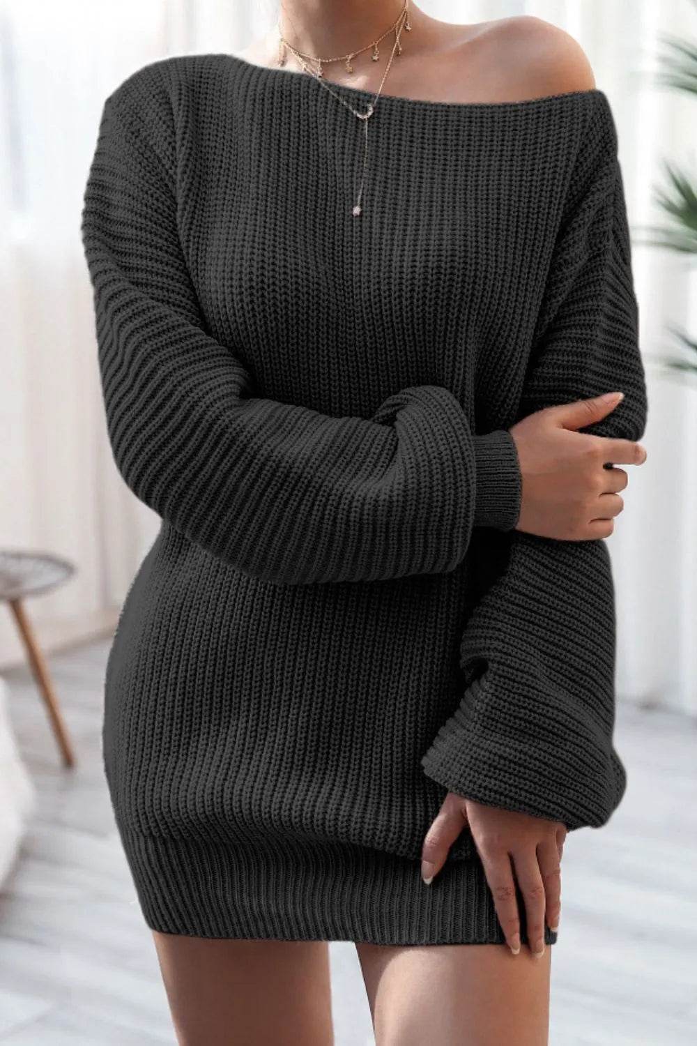 Boat Neck Long Sleeve Mini Sweater Dress - MARIGOLD 