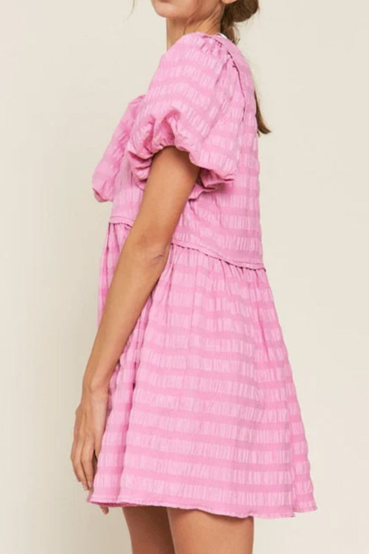 Pink Puff Sleeve Textured Mini Dress - MARIGOLD 