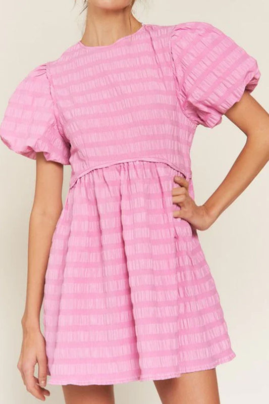Pink Puff Sleeve Textured Mini Dress - MARIGOLD 