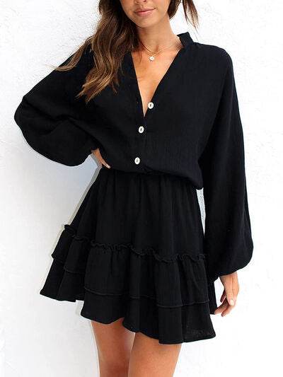Ruffled Notched Balloon Sleeve Mini Dress - MARIGOLD 