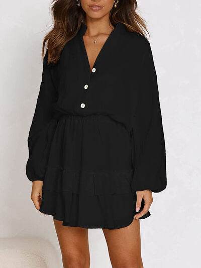 Ruffled Notched Balloon Sleeve Mini Dress - MARIGOLD 