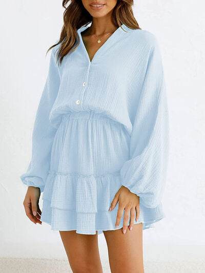 Ruffled Notched Balloon Sleeve Mini Dress - MARIGOLD 