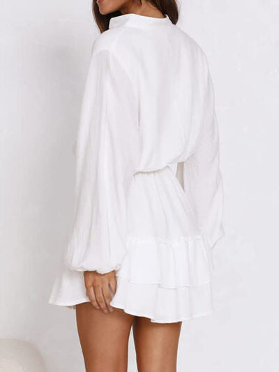 Ruffled Notched Balloon Sleeve Mini Dress - MARIGOLD 