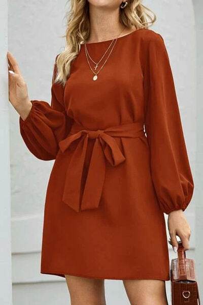 Tied Boat Neck Balloon Sleeve Mini Dress - MARIGOLD 