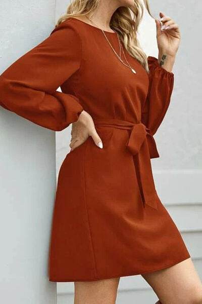 Tied Boat Neck Balloon Sleeve Mini Dress - MARIGOLD 