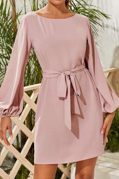 Tied Boat Neck Balloon Sleeve Mini Dress - MARIGOLD 