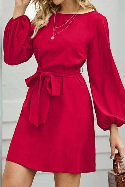Tied Boat Neck Balloon Sleeve Mini Dress - MARIGOLD 