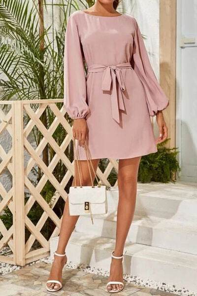 Tied Boat Neck Balloon Sleeve Mini Dress - MARIGOLD 