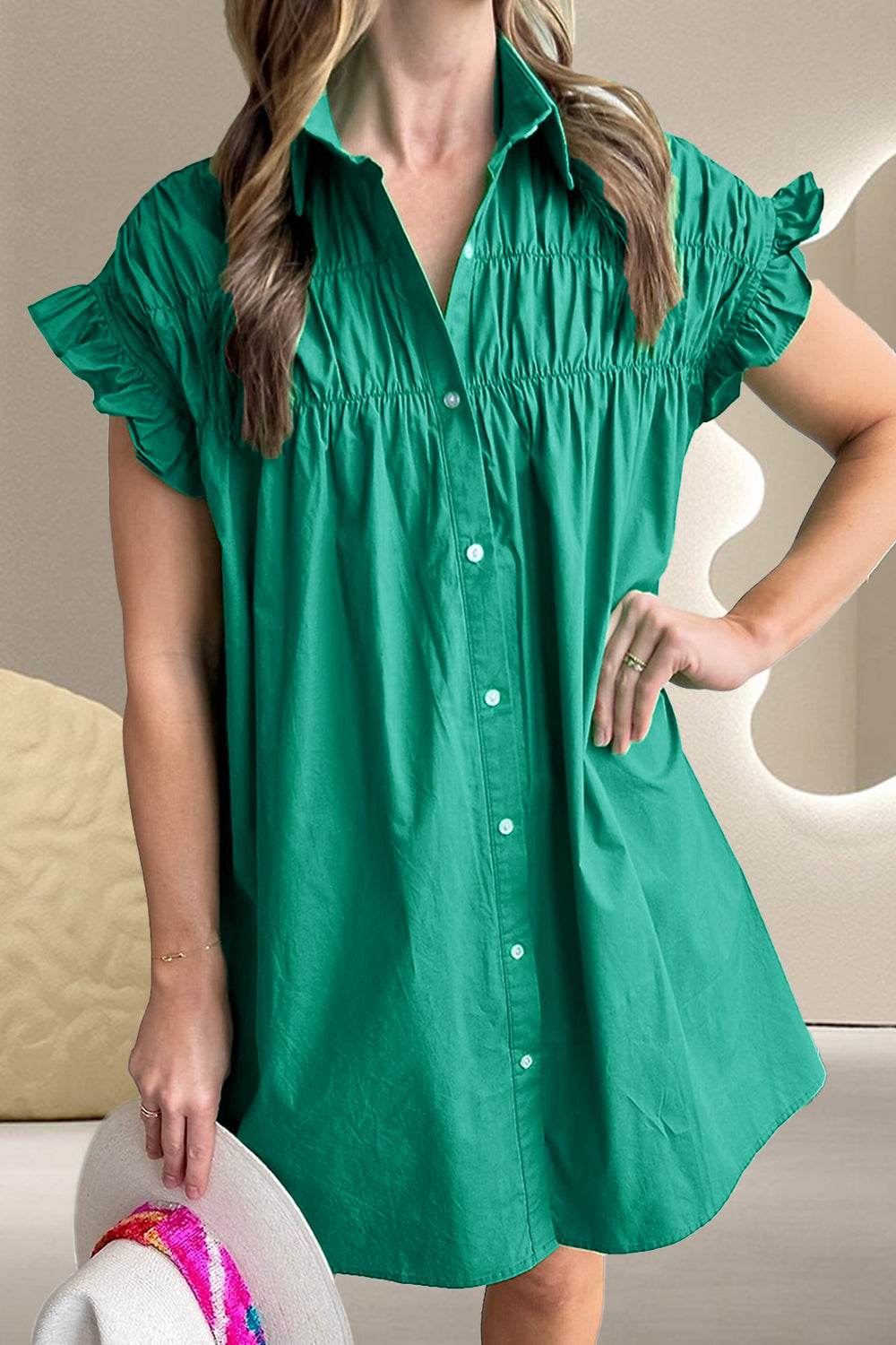 Collared Neck Flounce Sleeve Dress - MARIGOLD 