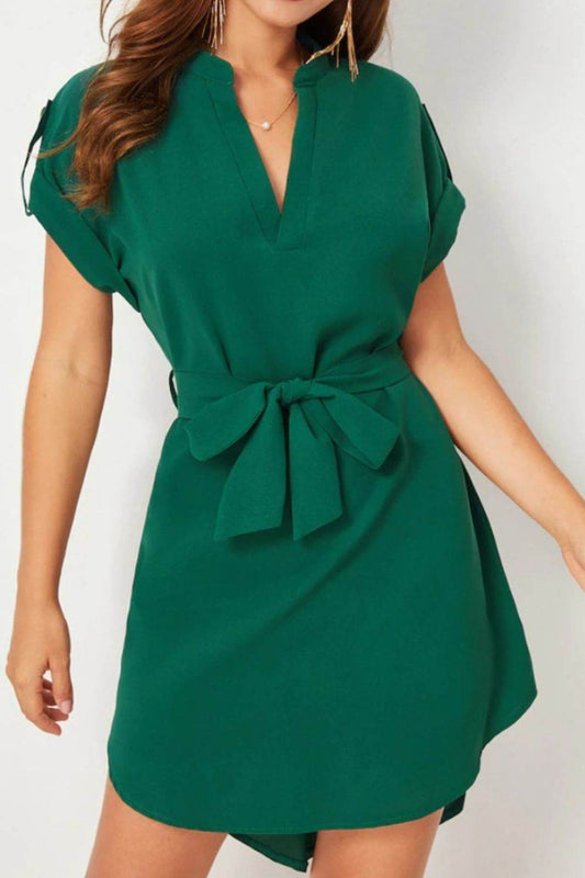 Tied Notched Short Sleeve Dress - MARIGOLD 