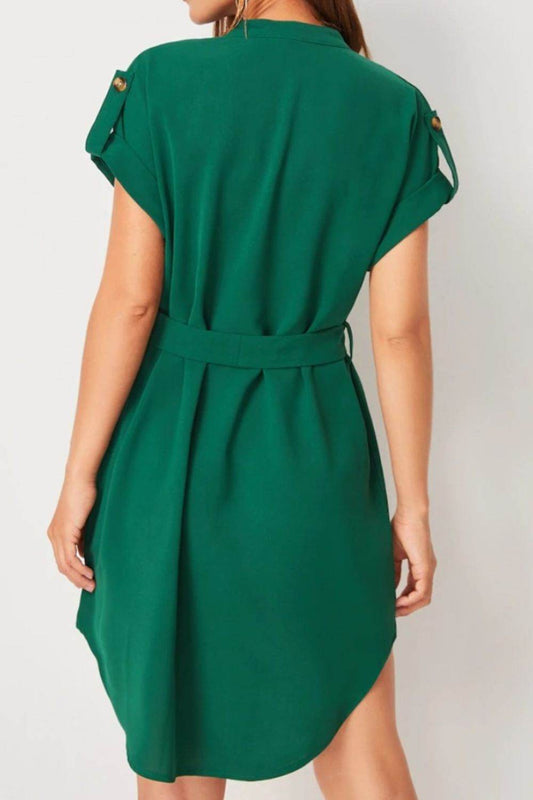 Tied Notched Short Sleeve Dress - MARIGOLD 