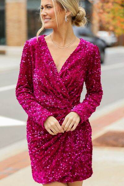 Sequin Surplice Long Sleeve Mini Dress - MARIGOLD 