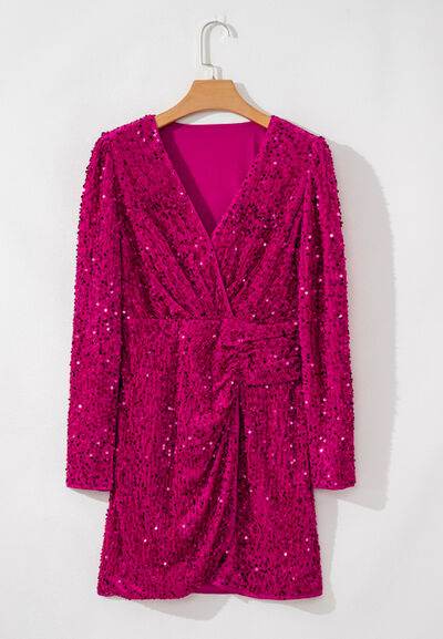 Sequin Surplice Long Sleeve Mini Dress - MARIGOLD 