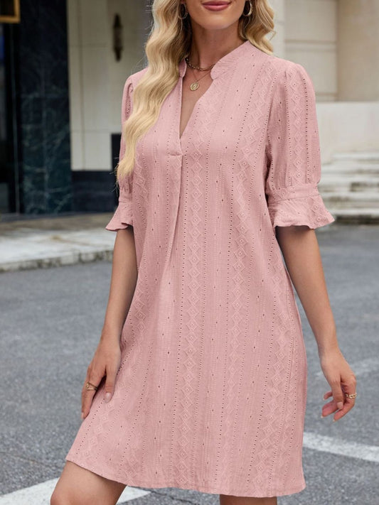 Eyelet Flounce Sleeve Mini Dress - MARIGOLD 