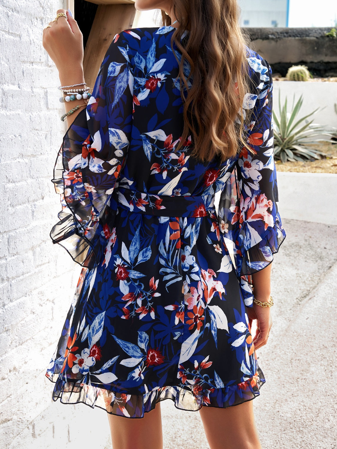 Floral Print Ruffled Surplice Tie-Waist Mini Dress - MARIGOLD 