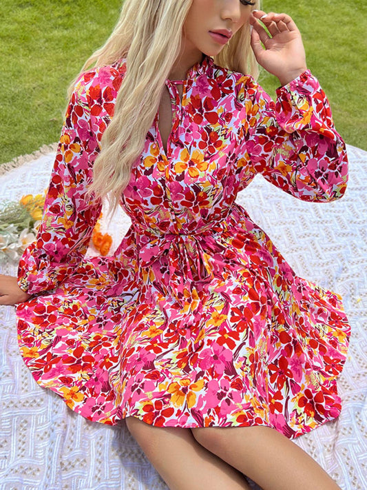 Floral Print Tie Waist Long Sleeve Mini Dress - MARIGOLD 