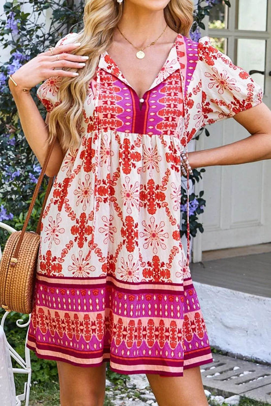 Boho Floral Short Sleeve Tie Neck Mini Dress - MARIGOLD 