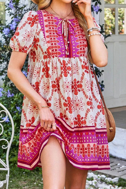 Boho Floral Short Sleeve Tie Neck Mini Dress - MARIGOLD 