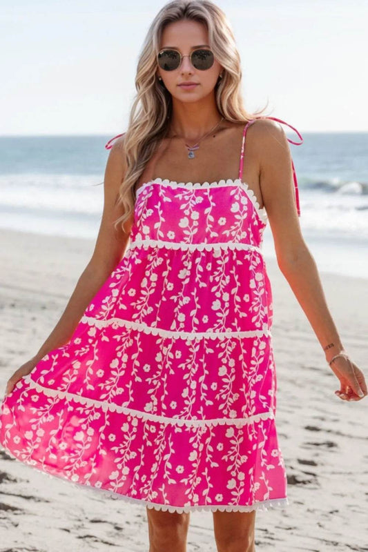 Floral Print Ric Rac Tiered Mini Dress - MARIGOLD 