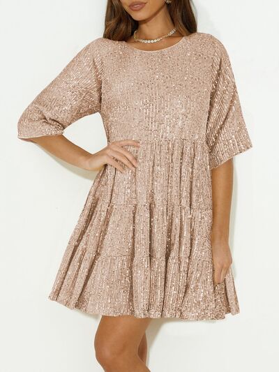 Sparkling Sequin Tiered Mini Dress - MARIGOLD 
