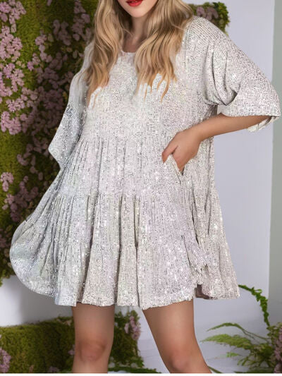 Sparkling Sequin Tiered Mini Dress - MARIGOLD 