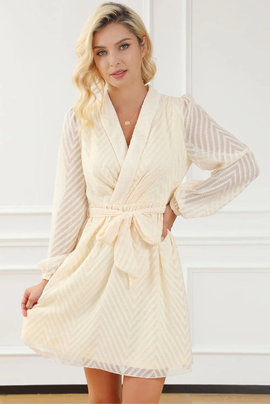 Chevron Surplice Tie-Waist Long-Sleeve Mini Dress - MARIGOLD 