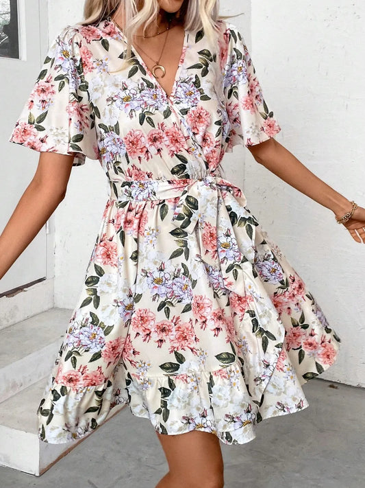 Floral Print Surplice Belted Mini Dress