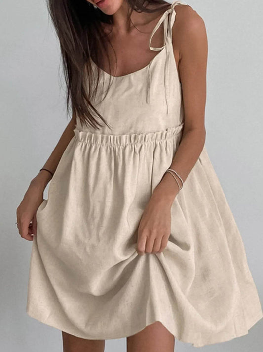 Neutral Tie-Shoulder Frill Mini Dress - MARIGOLD 