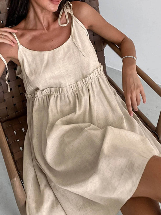 Neutral Tie-Shoulder Frill Mini Dress - MARIGOLD 