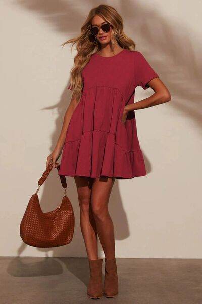 Tiered Round Neck Short Sleeve Mini Dress - MARIGOLD 