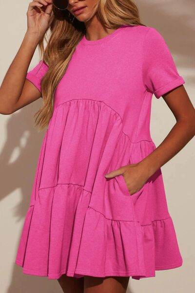 Tiered Round Neck Short Sleeve Mini Dress - MARIGOLD 