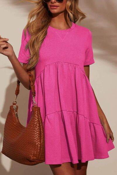 Tiered Round Neck Short Sleeve Mini Dress - MARIGOLD 