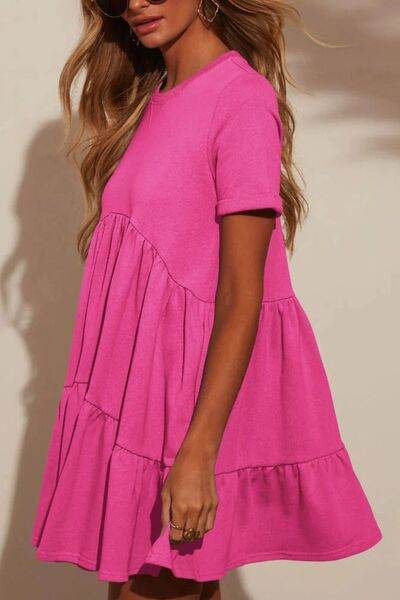 Tiered Round Neck Short Sleeve Mini Dress - MARIGOLD 