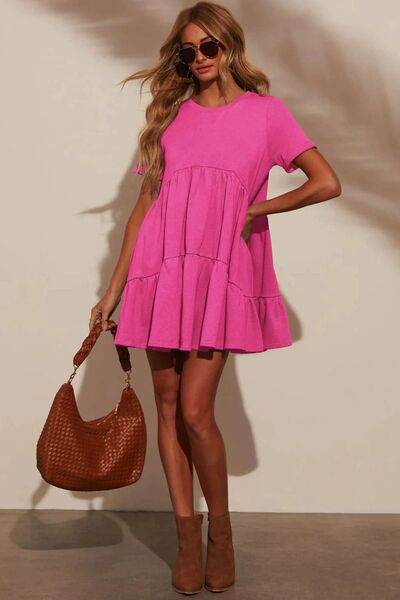 Tiered Round Neck Short Sleeve Mini Dress - MARIGOLD 