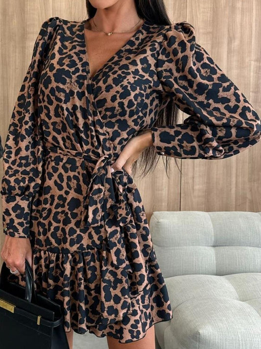Tied Leopard Surplice Long Sleeve Dress - MARIGOLD 
