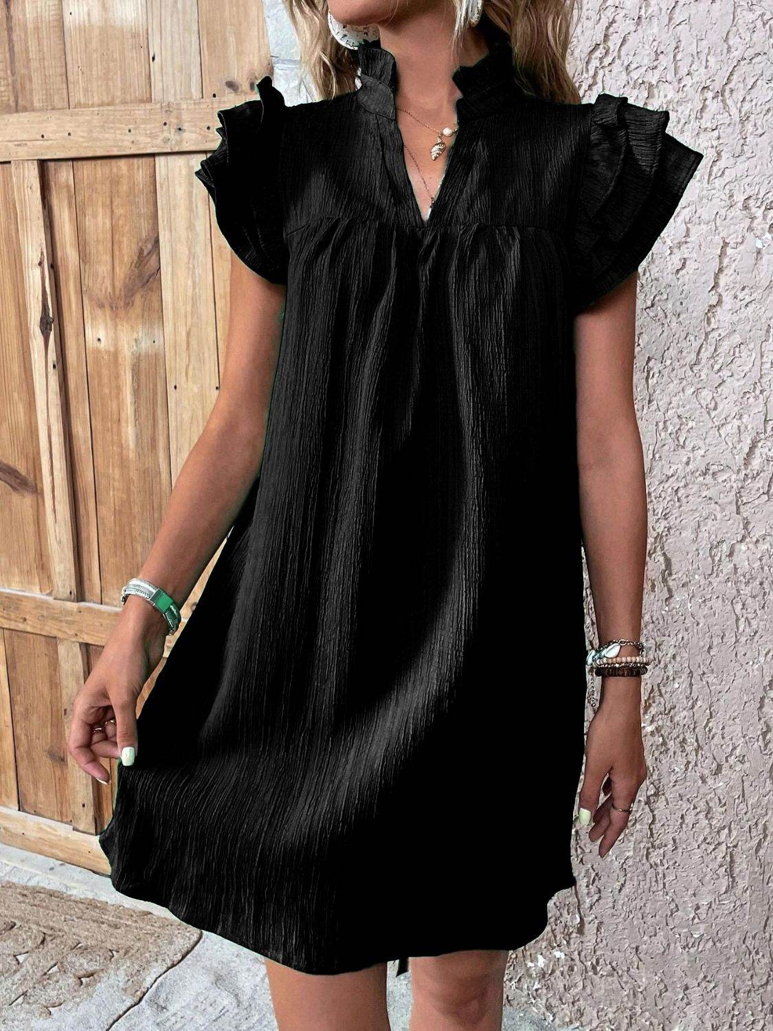 Notched Neckline Mini Dress with Ruffled Cap Sleeves - MARIGOLD 