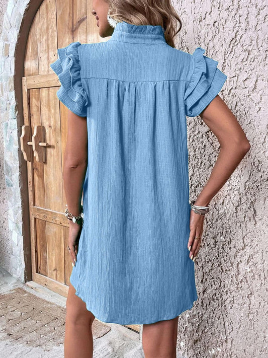 Notched Neckline Mini Dress with Ruffled Cap Sleeves - MARIGOLD 