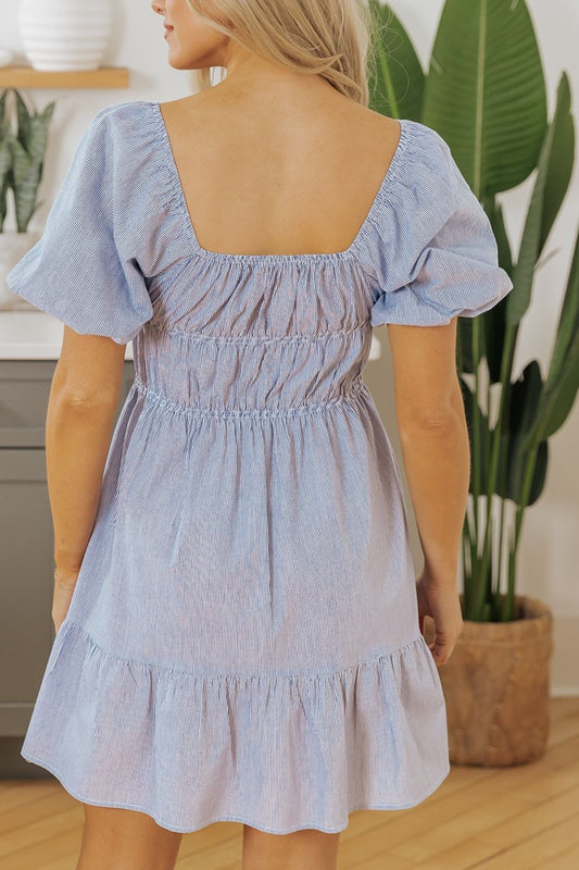 Striped Bubble Sleeve Ruched Babydoll Dress - MARIGOLD 