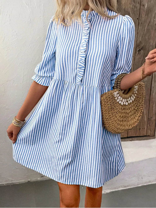 Striped Half Sleeve Mini Shirt Dress - MARIGOLD 