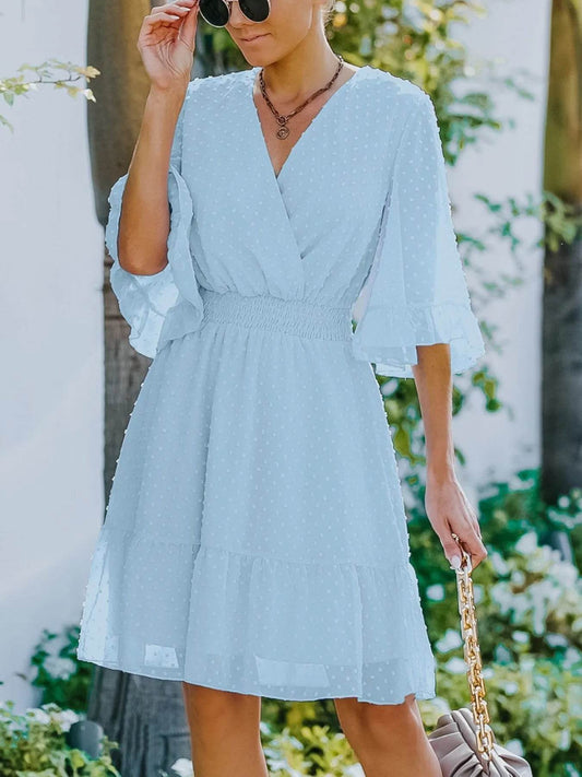 Swiss Dot Flare Sleeve Wrap Mini Dress - MARIGOLD 