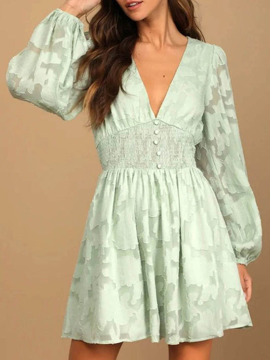 Smocked V-Neck Balloon Sleeve Dress - MARIGOLD 