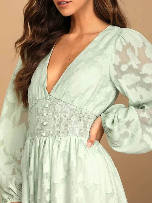 Smocked V-Neck Balloon Sleeve Dress - MARIGOLD 