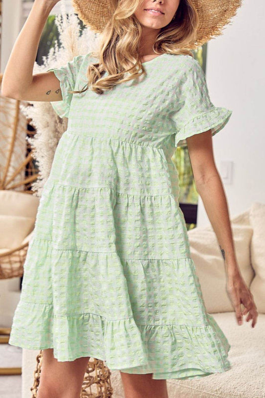 Textured Short Flutter Sleeve Tiered Mini Dress - MARIGOLD 