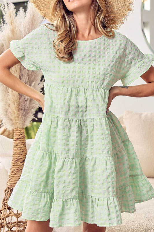 Textured Short Flutter Sleeve Tiered Mini Dress - MARIGOLD 