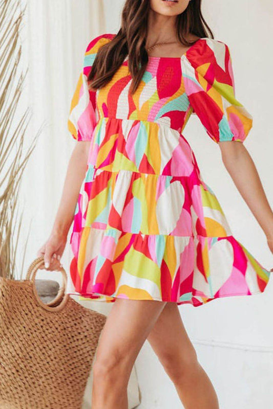 Colourful Printed Smocked Puff Sleeve Mini Dress - MARIGOLD 