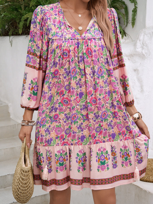 Tassel Tie Neck Floral Print Mini Dress - MARIGOLD 